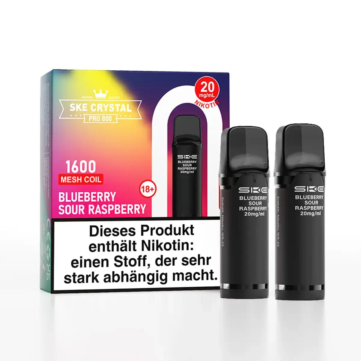 SKE Crystal 800 Pro Prefilled Pod Blueberry Sour Raspberry – 2er-Pack mit Verpackung und zwei schwarzen Pods