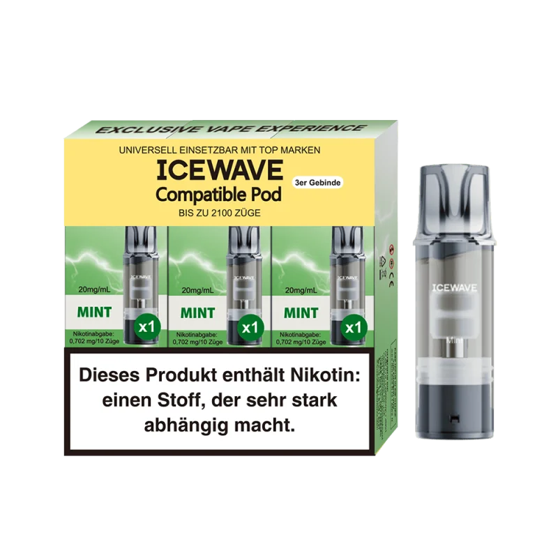 3er-Pack Icewave Compatible Pod Mint in grün-gelber Verpackung mit einzelnem Pod seitlich