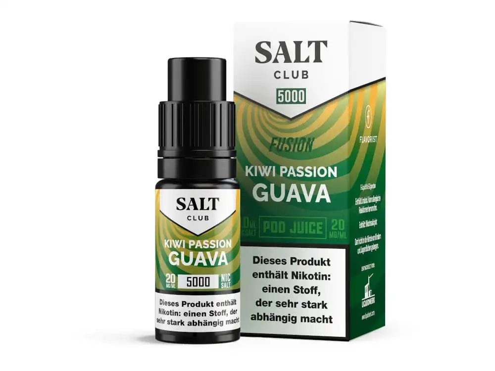 Salt Club 5000 Kiwi Passion Guava 10ml Nikotinsalz-Liquid – grüne Flasche mit Guava-Motiv und Produktkarton