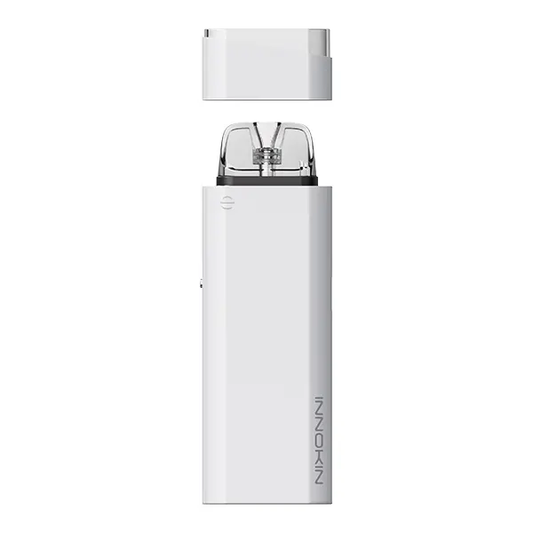Innokin Klypse Plus Pod Kit in Weiß mit abgenommenem Pod, Frontalansicht auf weißem Hintergrund