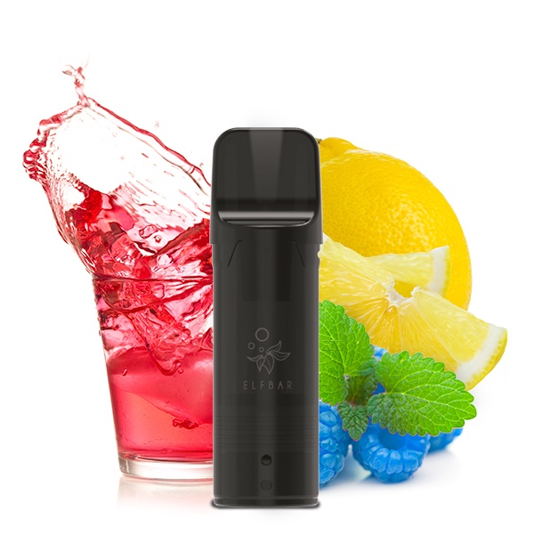 Elfbar Elfa Prefilled Pod Blue Razz Lemonade, schwarzer Pod vor rotem Fruchtdrink mit Zitrone und blauen Beeren