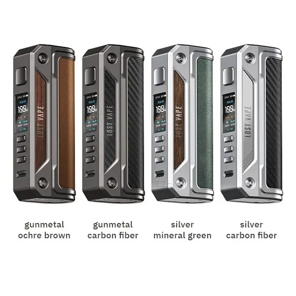 Lost Vape Thelema Solo 100W Akkuträger in vier Farbvarianten: Gunmetal Ochre Brown, Gunmetal Carbon Fiber, Silver Mineral Green, Silver