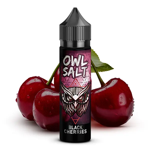 OWL Salt Black Cherries Longfill, schwarze 60-ml-Flasche mit rotvioletter Eule und glänzenden Kirschen