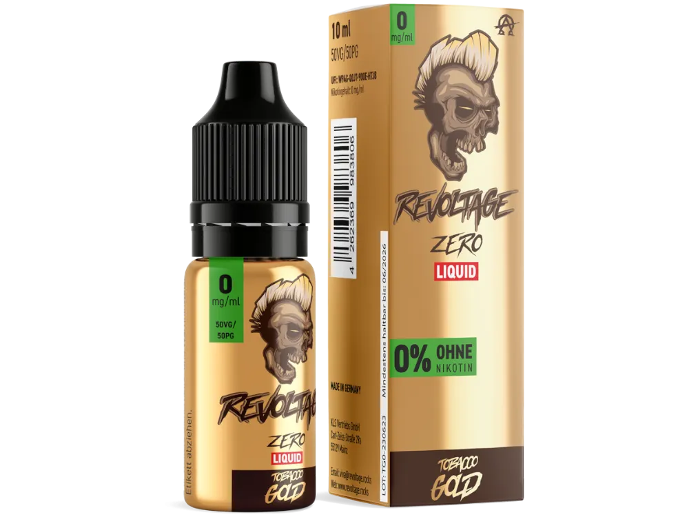 Revoltage Tobacco Gold Hybrid-Nikotinsalz-Liquid 10ml in goldener Flasche mit Verpackung, 0 mg/ml