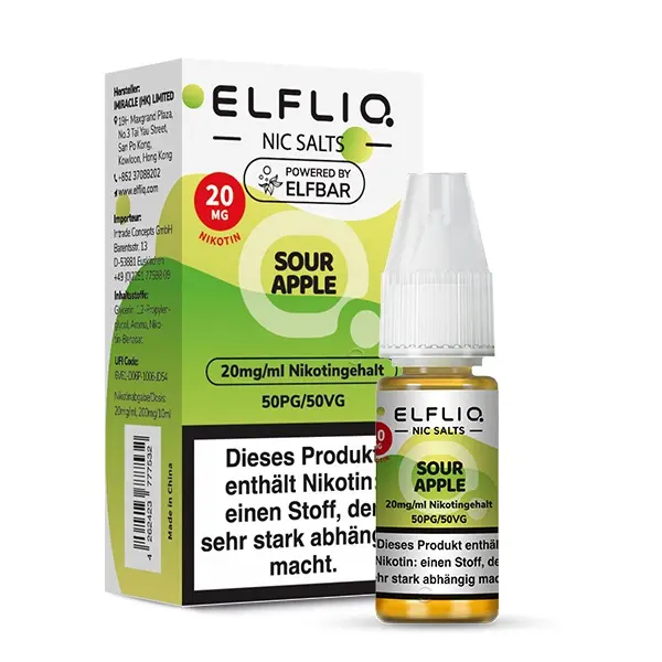 Elfbar Elfliq Sour Apple 10ml Nikotinsalz-Liquid 20mg, grüne Flasche Vorderansicht mit Warnhinweis