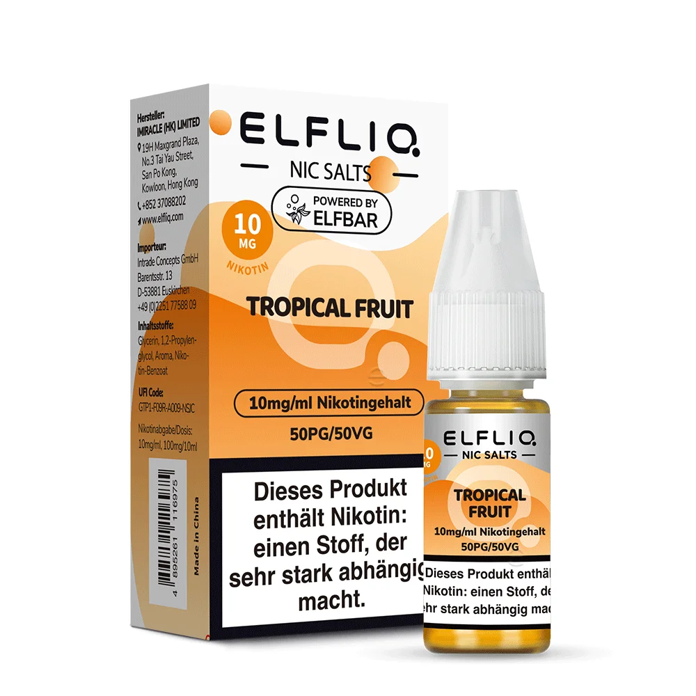 Elfbar Elfliq Tropical Fruit 10ml Nikotinsalz-Liquid in orangefarbener Verpackung mit Produktflasche