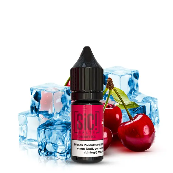 SiC! Salts Cherry Ice 10ml Nikotinsalz-Liquid – Flasche freigestellt mit roten Kirschen und Eiswürfeln
