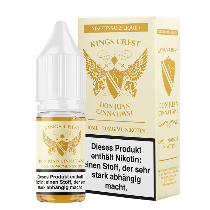 KIC308_800x800.png?ts=1763550751 Kings Crest Don Juan Cinnatwist 10ml Nikotinsalz-Liquid, Flasche und Schachtel in Gold nebeneinander