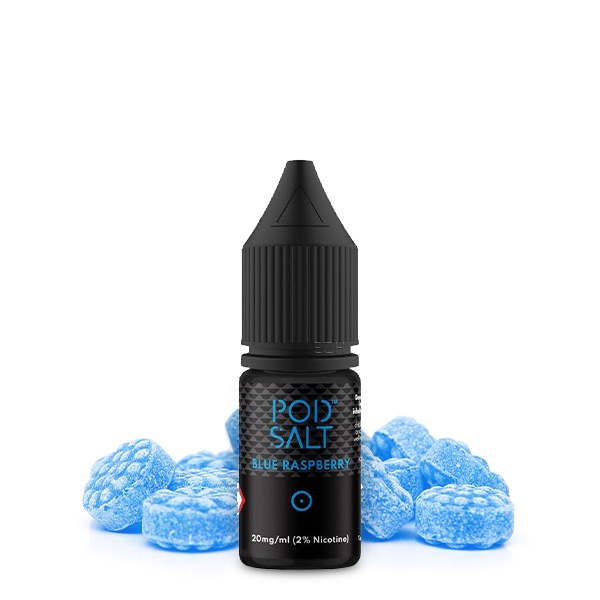 PodSalt Blue Raspberry Nikotinsalz-Liquid 10ml schwarze Flasche mit blauen Fruchtgummi-Himbeeren
