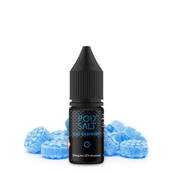 PodSalt Blue Raspberry Nikotinsalz-Liquid 10ml schwarze Flasche mit blauen Fruchtgummi-Himbeeren