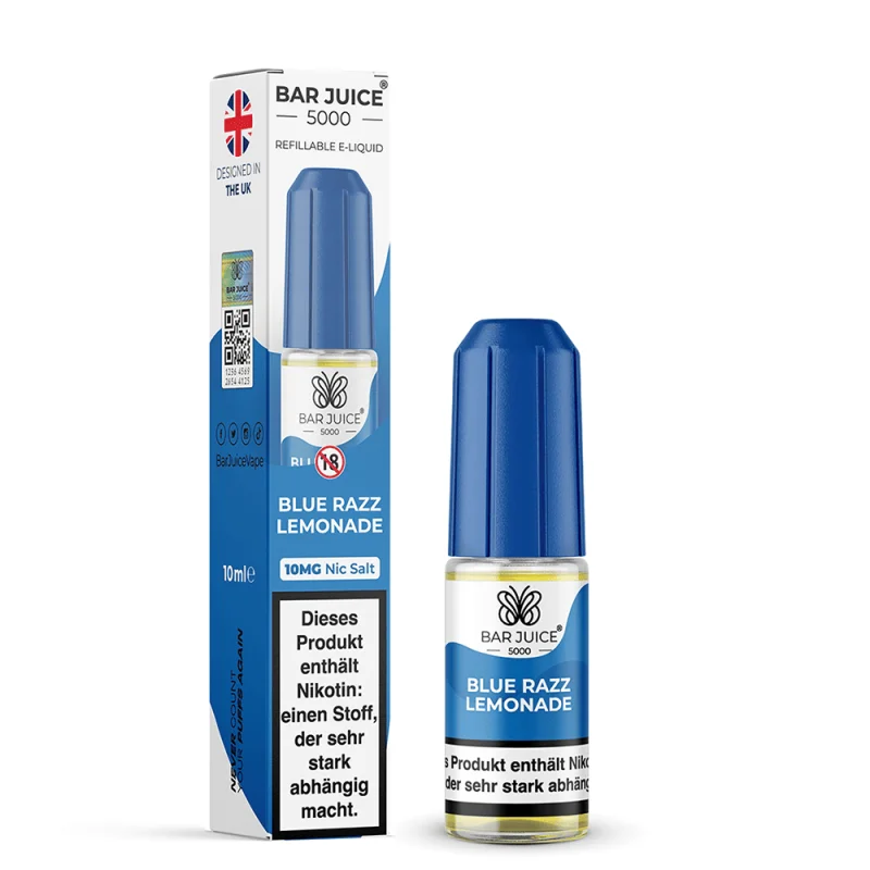 BAJ119_800x800.png?ts=1763983249 Bar Juice 5000 Blueberry Razz Lemonade Nikotinsalz-Liquid 10ml – blaue Flasche mit Verpackung, Seitenansicht