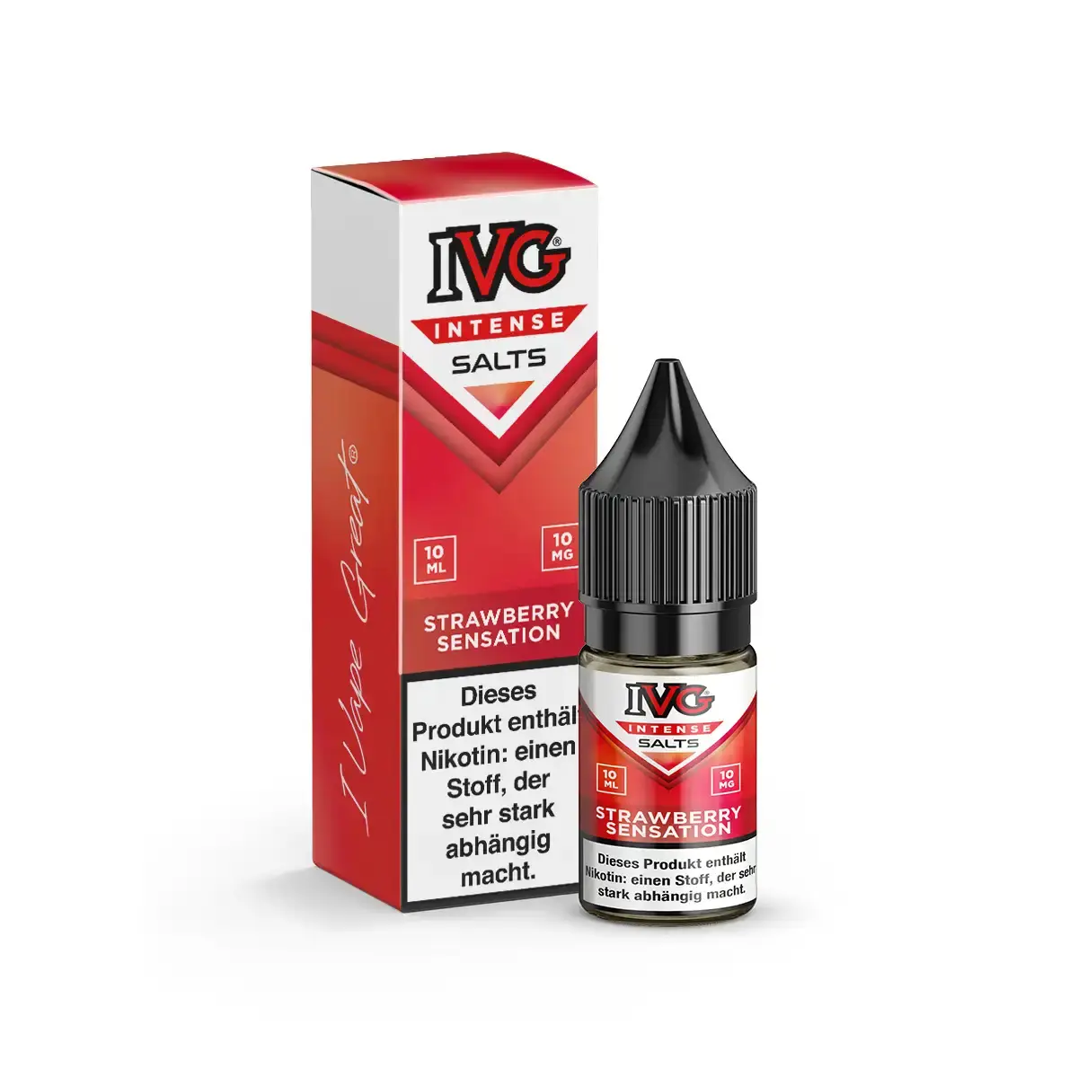 neu-ivg-intense-salts-strawberry-sensation-nikotinsalz-10ml-10mg-ml-steuerware.png IVG Intense Salts Strawberry Sensation 10ml Nikotinsalz-Liquid – rote Verpackung und Flasche, Seitenansicht