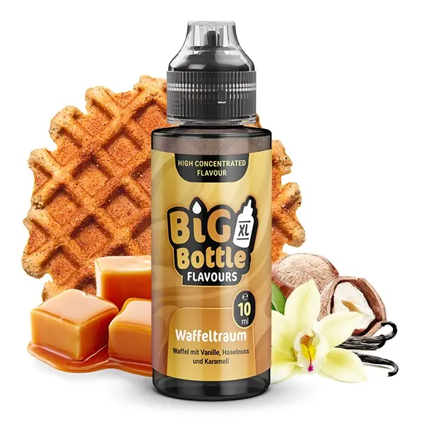 Big Bottle Longfill Flasche Waffeltraum mit Waffel, Karamell und Vanille auf hellem Hintergrund