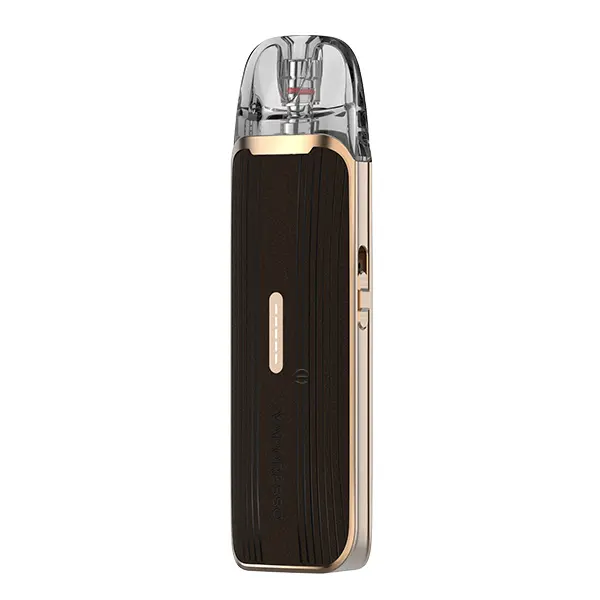 vaporesso-luxe-q3-pod-kit-4.jpg Vaporesso Luxe Q3 Pod Kit in Braun-Gold mit gestreifter Oberfläche und transparentem Pod, Frontansicht