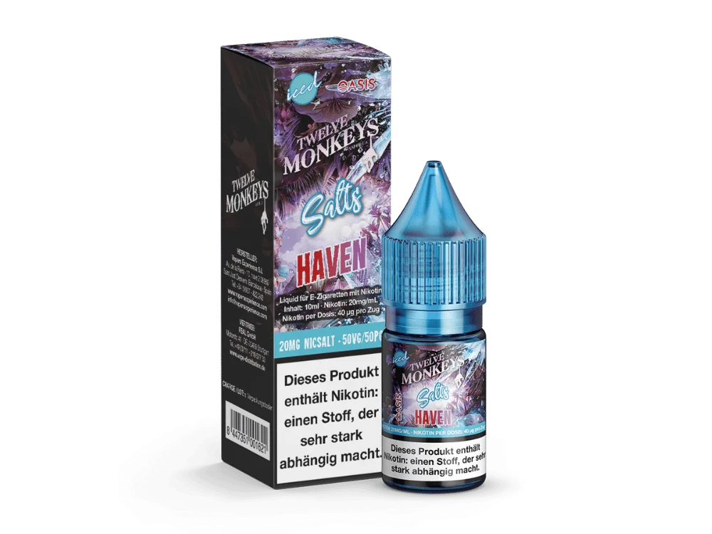 Twelve Monkeys Iced Haven 10ml Nikotinsalz-Liquid in blau-pinker Verpackung mit Flasche, Frontansicht