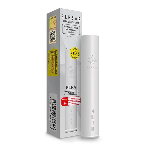 elfbar-elfa-white-2_600x600.jpg Elfbar Elfa CP Basisgerät in weißer Farbe mit Verpackungskarton, schlankes Pod-System in Frontansicht