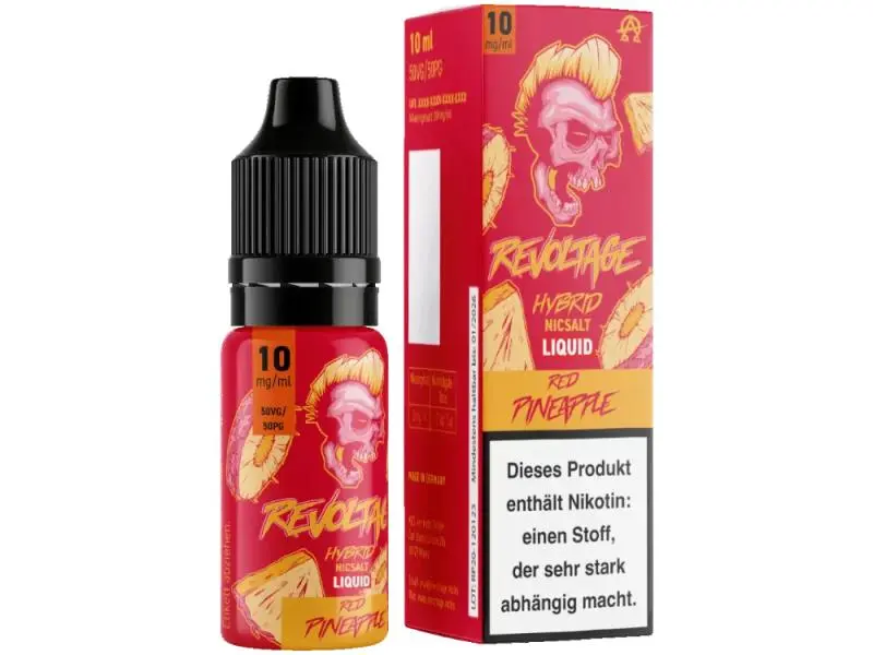 Revoltage Red Pineapple Hybrid-Nikotinsalz-Liquid 10ml 10mg/ml – rote Flasche mit Schädel-Design und Verpackung