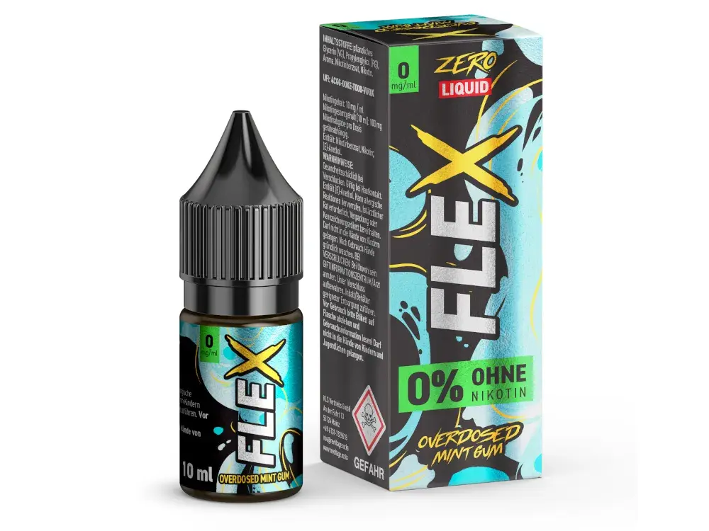 Revoltage Flex Overdosed Mint Gum Nikotinsalz-Liquid 10ml, Flasche mit türkis-grünem Karton, 0% Nikotin