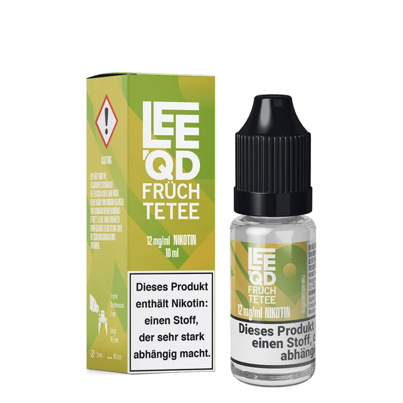 LEEQD Crazy Früchtetee 10ml eLiquid – Flasche mit Warnhinweisen neben grüner Packung, Nikotinstufen sichtbar