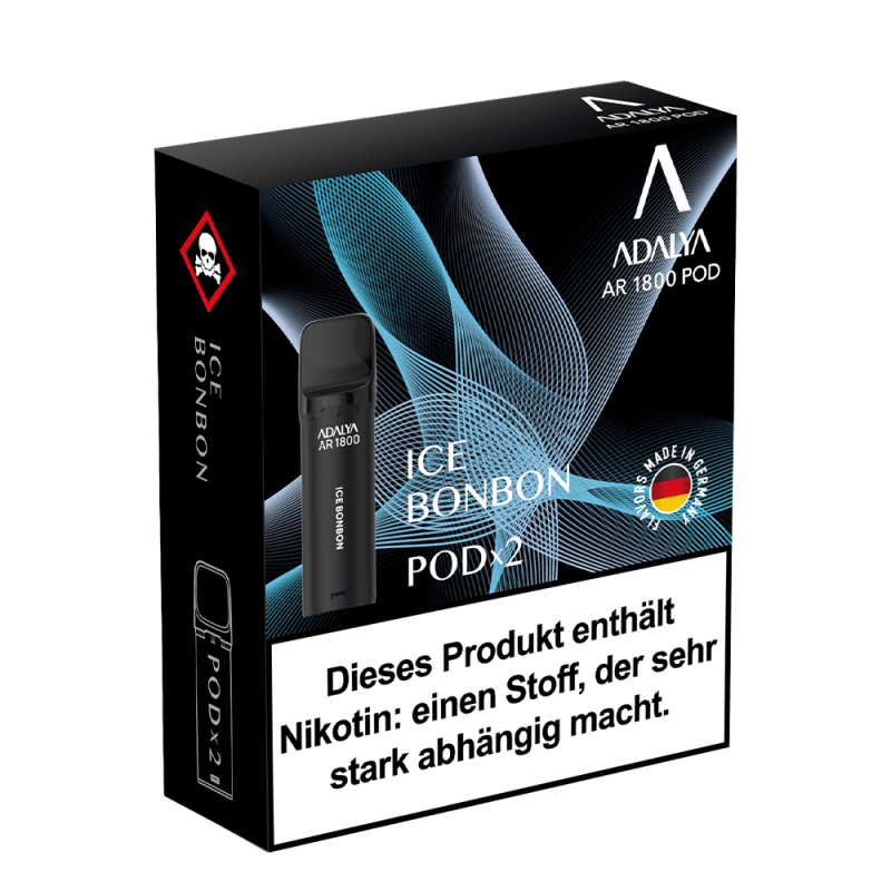 Adalya AR1800 Prefilled Pod Ice Bonbon – 2er-Pack in dunkler Verpackung mit blau-schwarzer Gestaltung und Pod-Abbildung