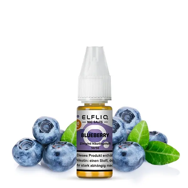 Elfliq Blueberry Nikotinsalz-Liquid 10ml Flasche, Blaubeeren-Motiv, blau-lila Etikett, Seitenansicht