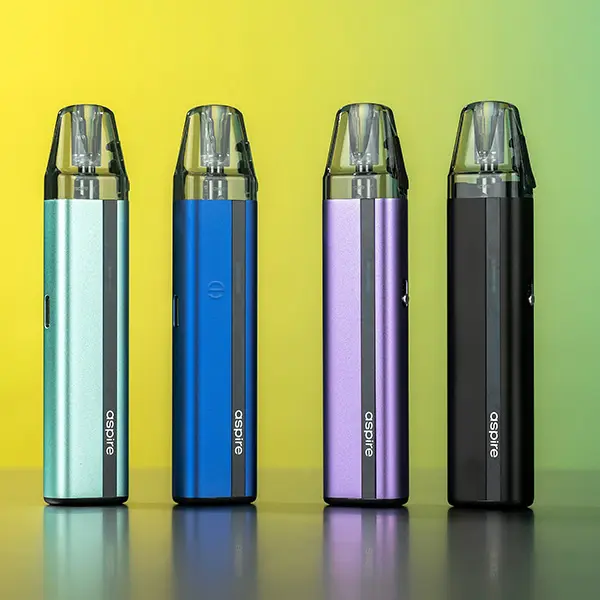 Aspire Flexus SE Pod Kit in vier Farben: Grün, Blau, Lila und Rosa nebeneinander auf buntem Hintergrund