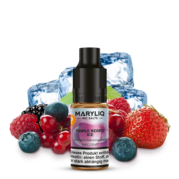 Flasche Maryliq Triple Berry Ice 10ml Nikotinsalz-Liquid von Elfbar mit Beeren und Eiswürfeln