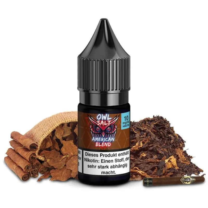 OWL Salt American Blend 10ml Nikotinsalz-Liquid, schwarze Flasche mit Warnhinweis-Etikett, Tabak-Hintergrund