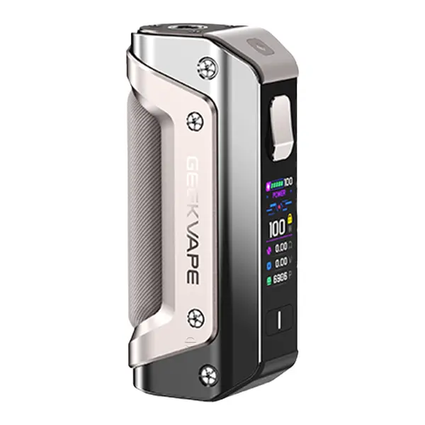 GeekVape Aegis Solo 3 Mod Akkuträger in Silber-Chrom mit OLED-Display, Frontansicht, 18650 Version