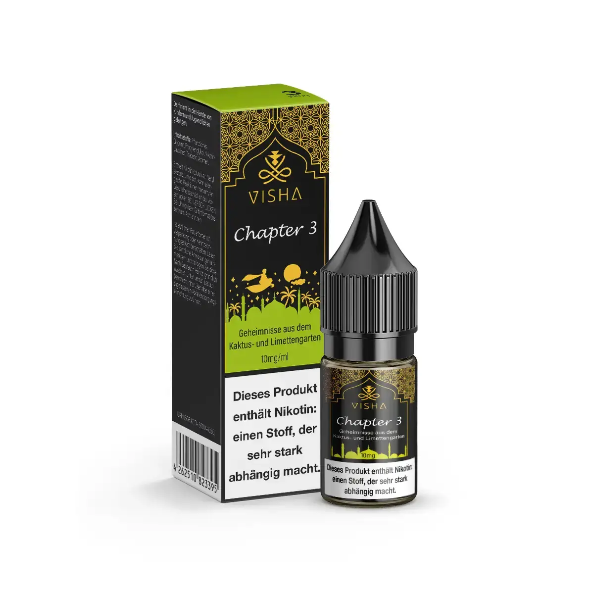 visha-chapter-3-nikotinsalz-10ml-10mg-ml-steuerware.png Visha Chapter 3 Nikotinsalz-Liquid 10ml – Flasche und Verpackung in Dunkelgrün-Gold-Design