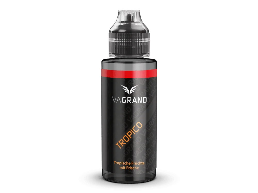 Vagrand_Longfill_10ml_Tropico_1000x750.png Vagrand Tropico Longfill, schwarze 10-ml-Flasche mit orangefarbenem Schriftzug, Frontansicht