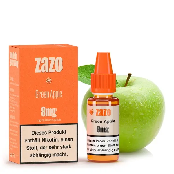 source875286.jpg ZAZO Classics Green Apple 10ml Liquid 8mg – orange Verpackung mit Flasche und grünem Apfel, Vorder- und Seitenansicht