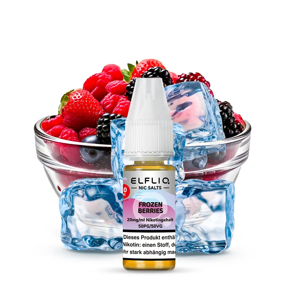 Elfbar Elfliq Frozen Berries 10ml Nikotinsalz-Liquid Flasche mit Erdbeeren, Himbeeren und Brombeeren auf Eiswürfeln