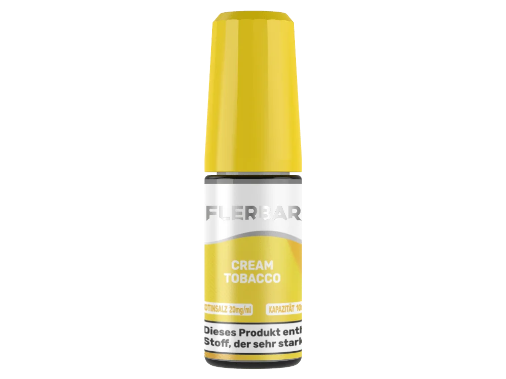 Flerbar Cream Tobacco 10ml Nikotinsalz-Liquid, gelbe Flasche mit gelbem Deckel, seitliche Ansicht