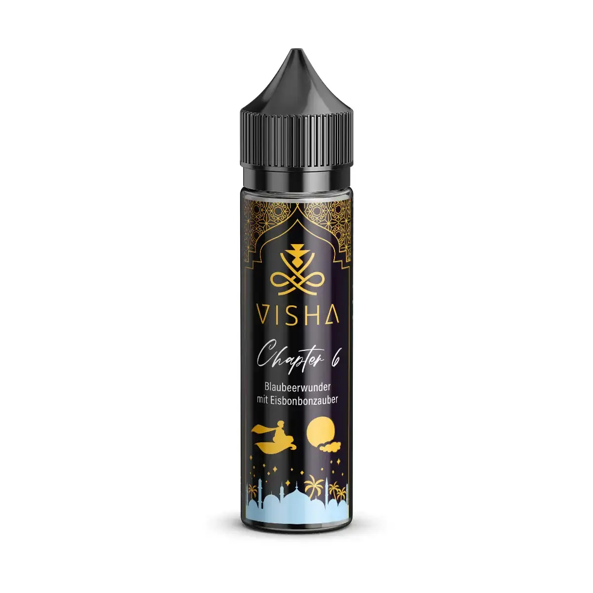 Visha Chapter 6 Longfill – schwarze 60ml Flasche mit blau-goldenem Fruchtdesign, Banane und Eismotiv