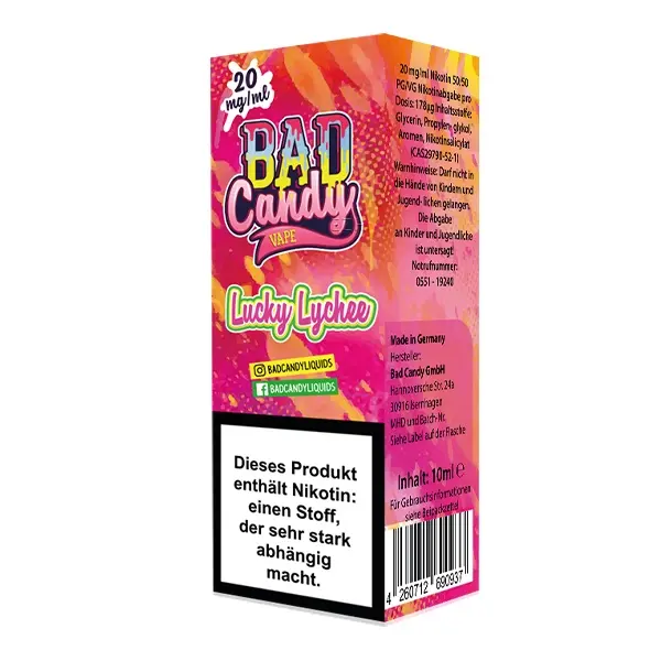Bad Candy Lucky Lychee 10ml Nikotinsalz-Liquid Flasche, Rückseite mit pinkfarbenem Etikett und Produktangaben