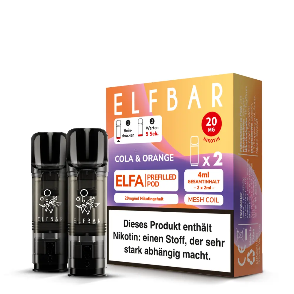 Elfbar Elfa Prefilled Pod Cola & Orange – 2er-Packung in orange-lila Verpackung, 20mg Nikotin