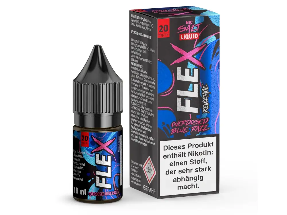 Revoltage-FLEX-Overdosed-Blue_Razz-NicSalt-20-mgml_1000x750.png.png Revoltage Flex Overdosed Blue Razz Nikotinsalz-Liquid 10ml – Flasche und Schachtel in Blau-Rot, 20mg Nikotin
