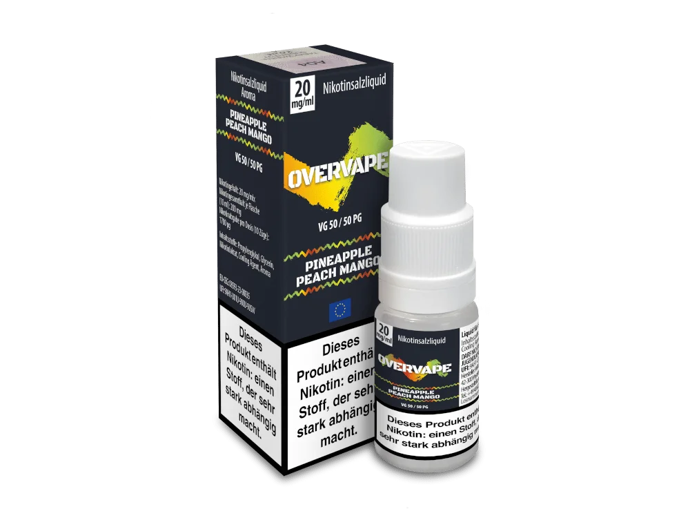 Overvape Pineapple Peach Mango 10ml Nikotinsalz-Liquid – dunkle Faltschachtel mit gelbem Etikett und Tropfflasche