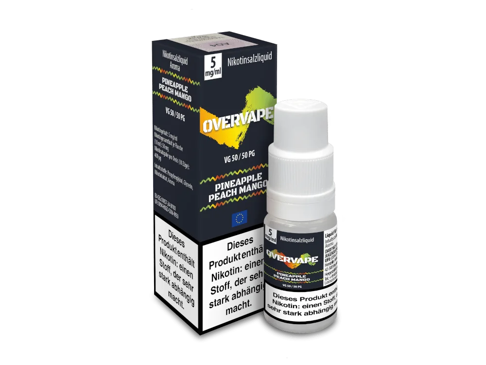 Overvape Pineapple Peach Mango 10ml Nikotinsalz-Liquid – Verpackung mit gelbem Label und kleiner 10ml Flasche