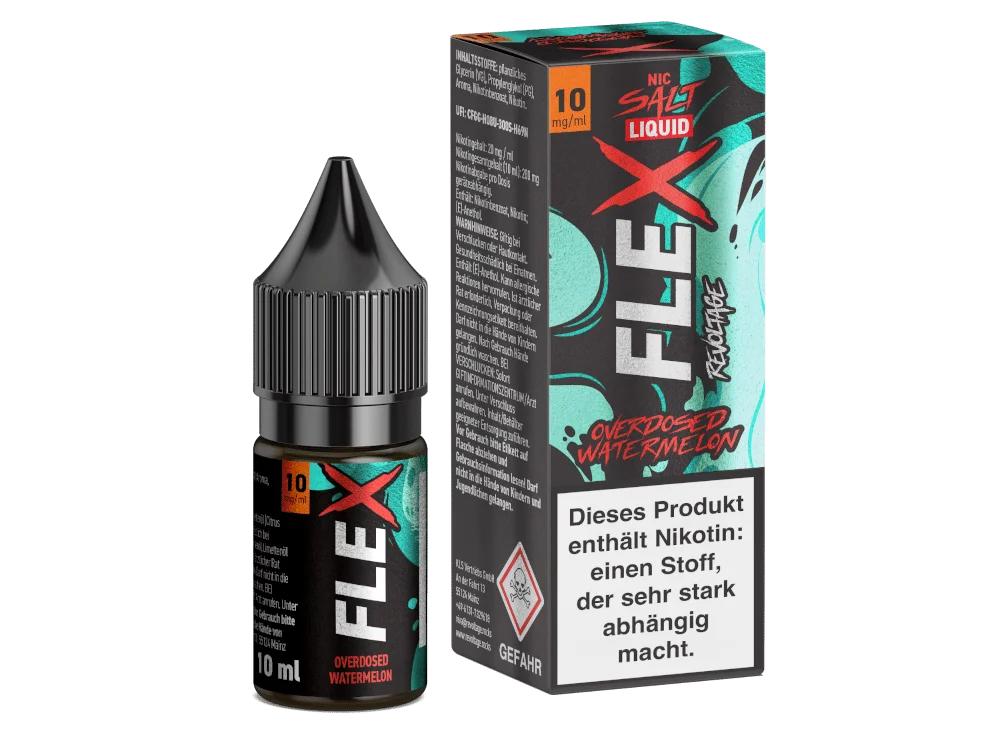 Revoltage Flex Overdosed Watermelon 10ml Nikotinsalz-Liquid – grüne Flasche mit Box und Nikotinwarnhinweis