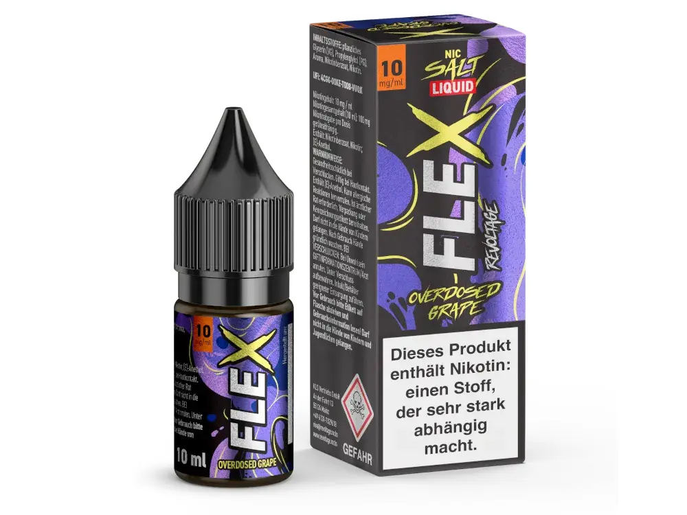 Revoltage Flex Overdosed Grape 10ml Nikotinsalz-Liquid, Flasche mit lila Verpackung und Nikotin-Warnhinweis