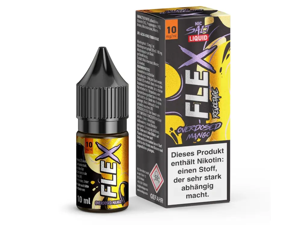 Revoltage-FLEX-Overdosed-Mango-NicSalt-10-mgml_1000x750.png.png Revoltage Flex Overdosed Mango 10ml Nikotinsalz-Liquid, 10mg Nikotin, Flasche mit gelber Verpackung