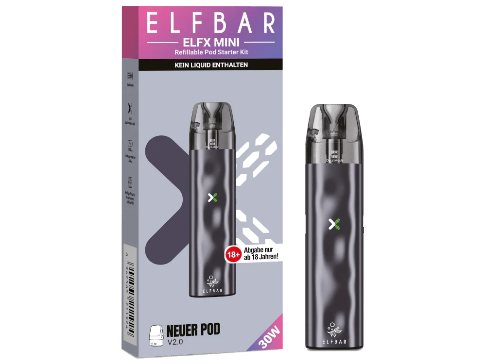 Elfbar ELFX Refillable Mini E-Zigaretten-Set in Dunkelgrau, Frontansicht mit Pod und Gerät in Verpackung