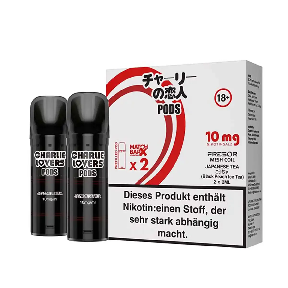 charlie-lovers-prefilled-pods-matchbar-2-stueck-japanese-tea-10mg-ml-steuerware.png Zwei Charlie Lovers Prefilled Pods Japanese Tea 10mg mit rot-weißer Verpackung, Frontansicht
