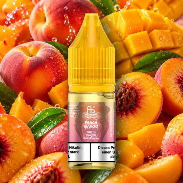 Fumot Peach Mango Nikotinsalz-Liquid 10ml Flasche vor Pfirsich- und Mangohintergrund