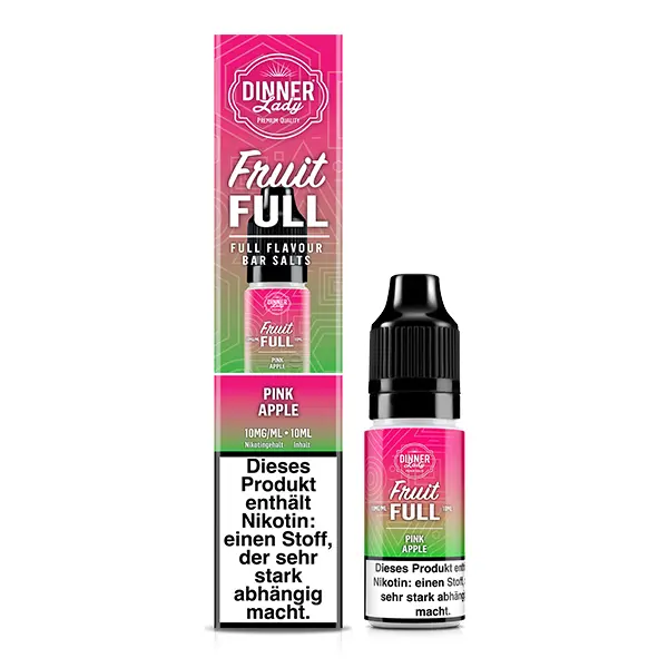dinner-lady-fruit-full-pink-apple-nikotinsalz-2.jpg Dinner Lady Fruit Full Pink Apple 10ml Nikotinsalz-Liquid, Verpackungskarton und Flasche nebeneinander, pink-weißes Design