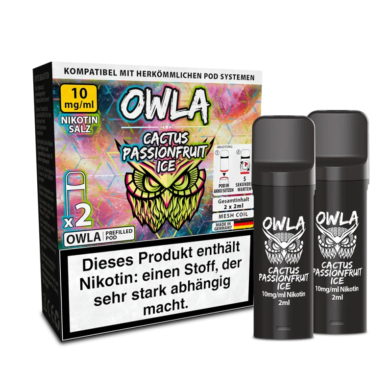 Owla Cactus Passionfruit Ice Prefilled Pod 2er-Pack, pinke Verpackung mit 10 mg Nikotinsalz, zwei schwarze Pods