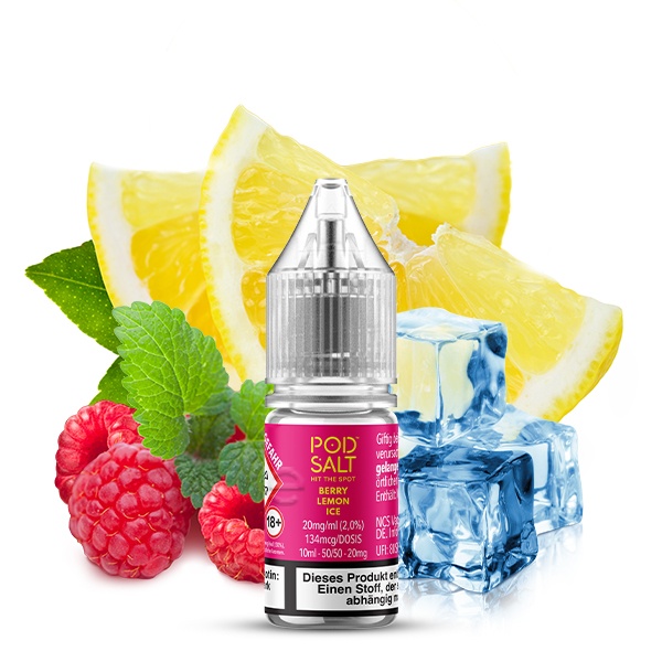 PodSalt Xtra Berry Lemon Ice 10ml Nikotinsalz-Liquid – Flasche mit Himbeeren, Zitrone und Eiswürfeln