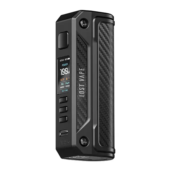 source765147.jpg Lost Vape Thelema Solo 100W Mod Akkuträger in mattem Schwarz mit Carbon-Optik, Frontansicht
